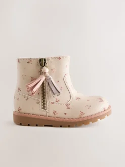 Neutral Floral Standard Fit (F) Chelsea Zip Tassel Ankle Boots