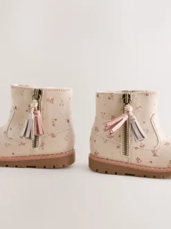 Neutral Floral Standard Fit (F) Chelsea Zip Tassel Ankle Boots