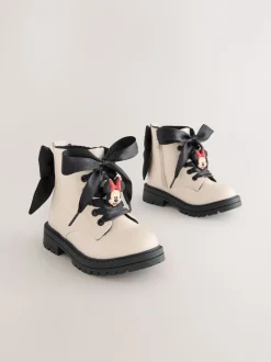 Neutral Minnie Mouse Bow Detail Lace Up Ankle Boots