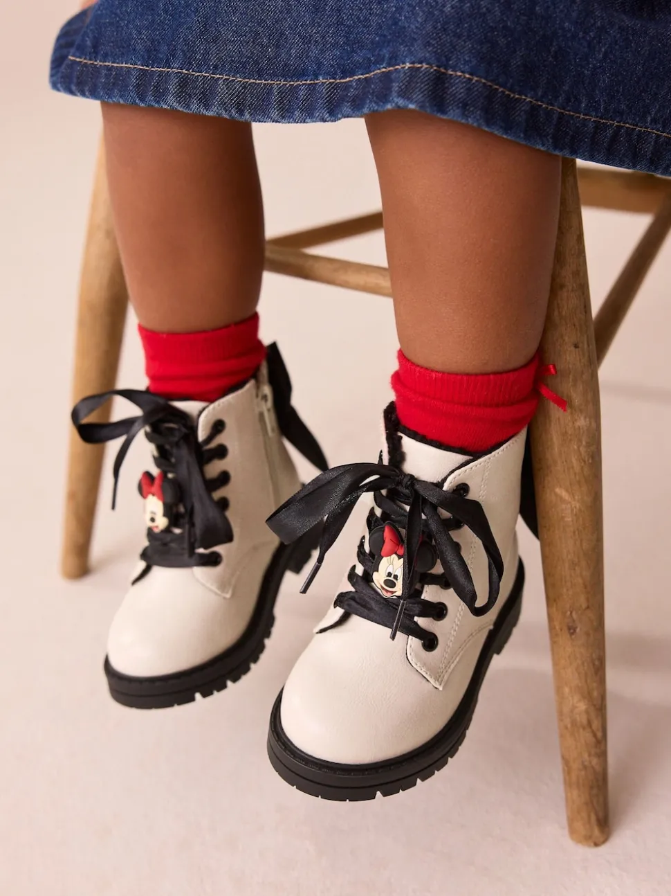 Neutral Minnie Mouse Bow Detail Lace Up Ankle Boots