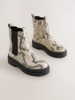 Neutral Snake Printed Standard Fit (F) Leather Chunky Chelsea Boots