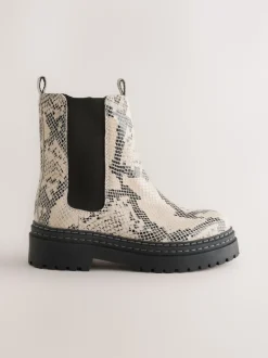Neutral Snake Printed Standard Fit (F) Leather Chunky Chelsea Boots