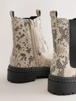 Neutral Snake Printed Standard Fit (F) Leather Chunky Chelsea Boots