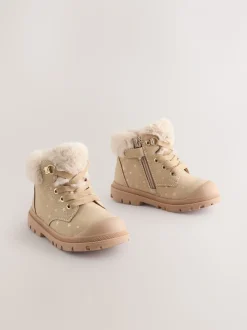 Neutral Star Lace Up Faux Fur Lined Boots