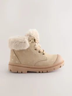 Neutral Star Lace Up Faux Fur Lined Boots
