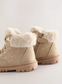 Neutral Star Lace Up Faux Fur Lined Boots