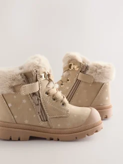 Neutral Star Lace Up Faux Fur Lined Boots