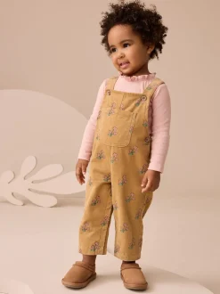 Ochre Yellow Floral Print Corduroy Dungarees and T Shirt Set (3mths-7yrs)