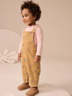 Ochre Yellow Floral Print Corduroy Dungarees and T Shirt Set (3mths-7yrs)