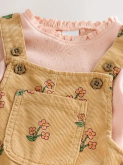 Ochre Yellow Floral Print Corduroy Dungarees and T Shirt Set (3mths-7yrs)