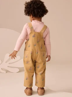 Ochre Yellow Floral Print Corduroy Dungarees and T Shirt Set (3mths-7yrs)
