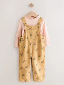 Ochre Yellow Floral Print Corduroy Dungarees and T Shirt Set (3mths-7yrs)