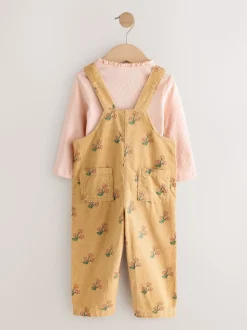 Ochre Yellow Floral Print Corduroy Dungarees and T Shirt Set (3mths-7yrs)
