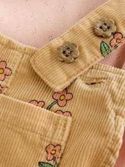 Ochre Yellow Floral Print Corduroy Dungarees and T Shirt Set (3mths-7yrs)