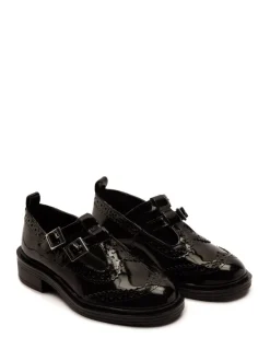 Off The Hook Black Holly Leather T-Bar Mary Jane Brogue School Shoes