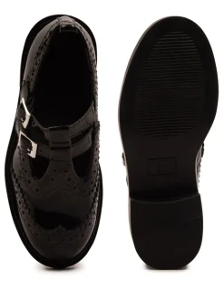 Off The Hook Black Holly Leather T-Bar Mary Jane Brogue School Shoes