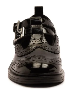 Off The Hook Black Holly Leather T-Bar Mary Jane Brogue School Shoes