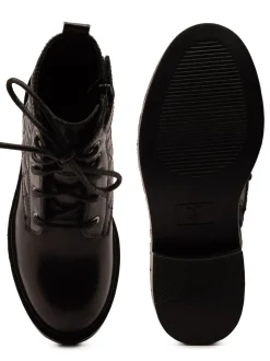 Off The Hook Black Sophia Leather Quilted Ankle Lace-Up Boots