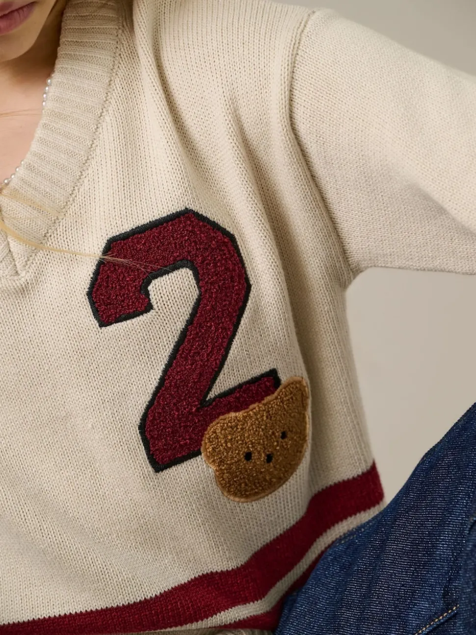 ONLY KIDS Cream Varsity V-Neck Jumper
