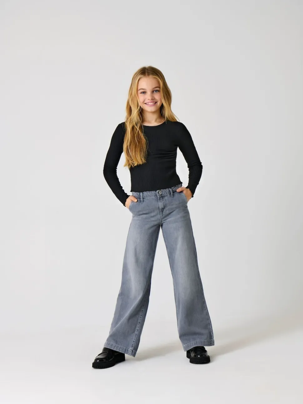 ONLY KIDS Grey Wide Leg Adjustable Waist 100% Cotton Jeans