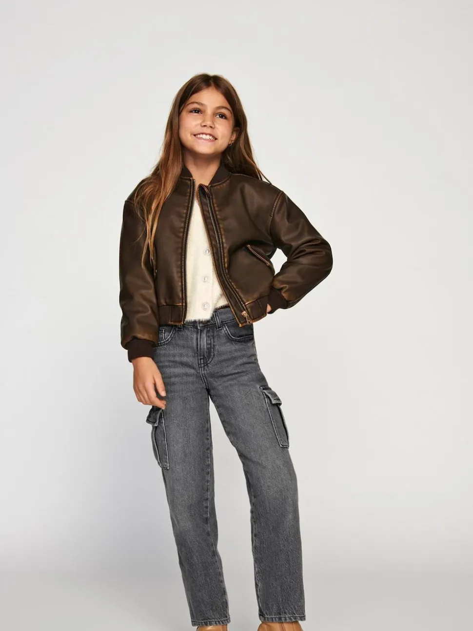 ONLY KIDS Grey Wide Leg Cargo Jeans with Adjustable Waist