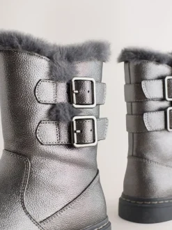 Pewter Grey Standard Fit (F) Faux Fur Lined Buckle Boots