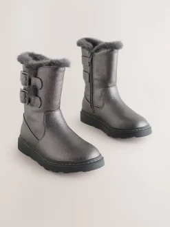Pewter Grey Standard Fit (F) Faux Fur Lined Buckle Boots