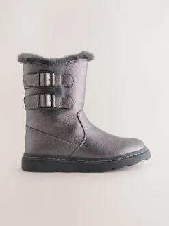 Pewter Grey Wide Fit (G) Faux Fur Lined Buckle Boots