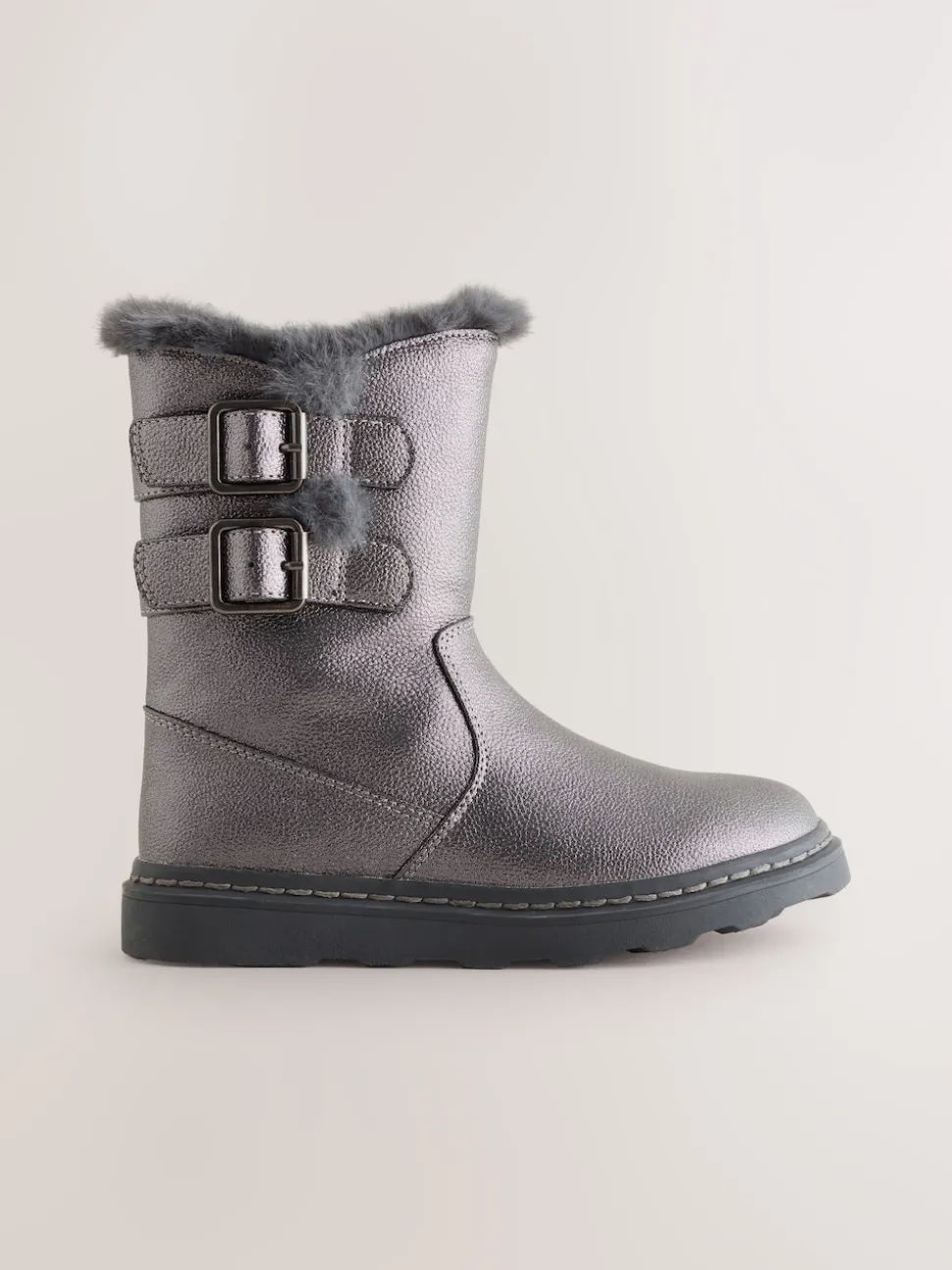Pewter Grey Wide Fit (G) Faux Fur Lined Buckle Boots