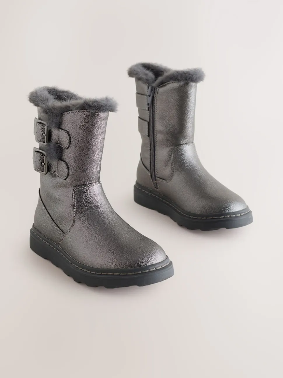 Pewter Grey Wide Fit (G) Faux Fur Lined Buckle Boots