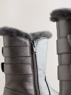 Pewter Grey Wide Fit (G) Faux Fur Lined Buckle Boots