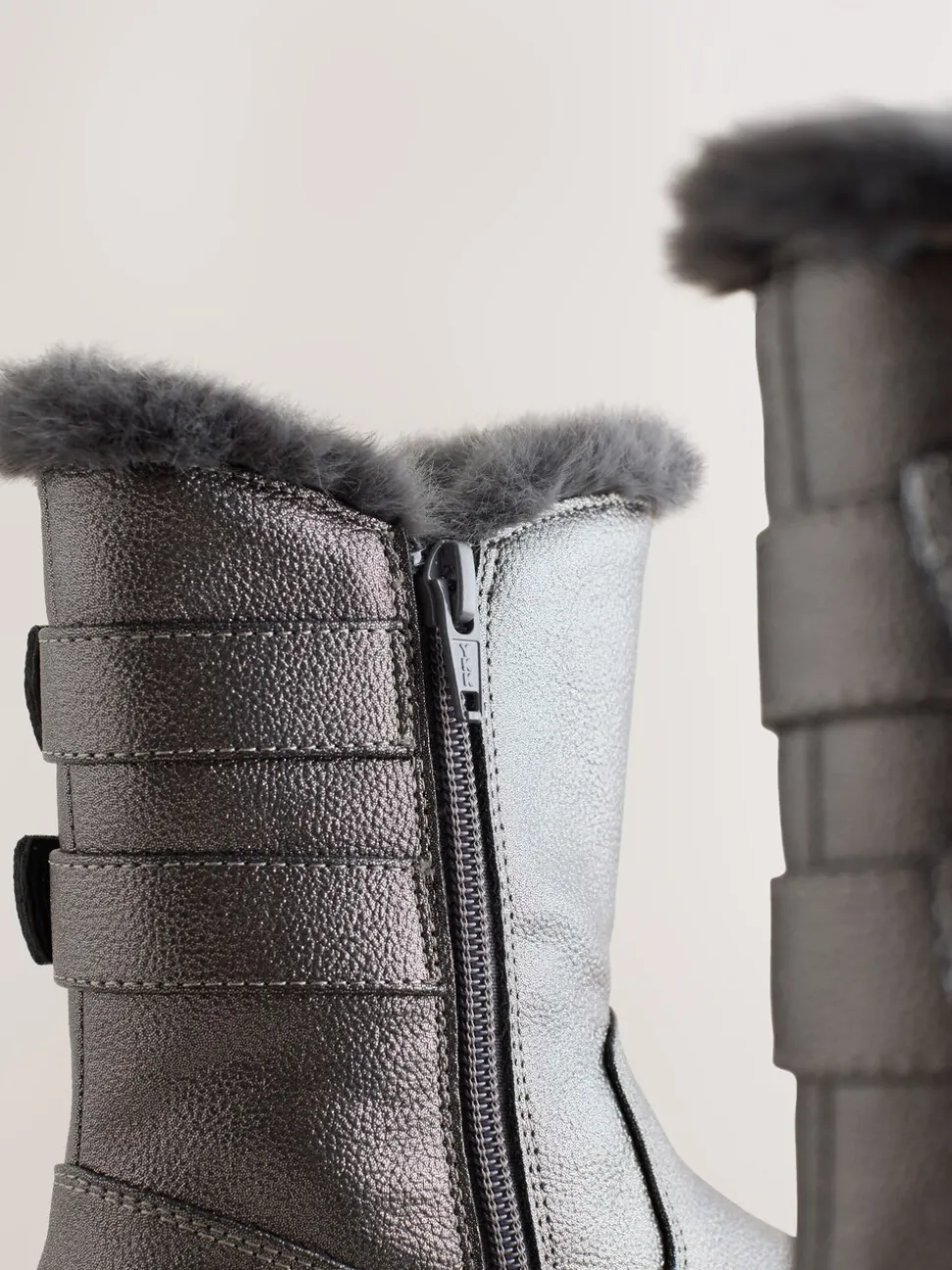 Pewter Grey Wide Fit (G) Faux Fur Lined Buckle Boots