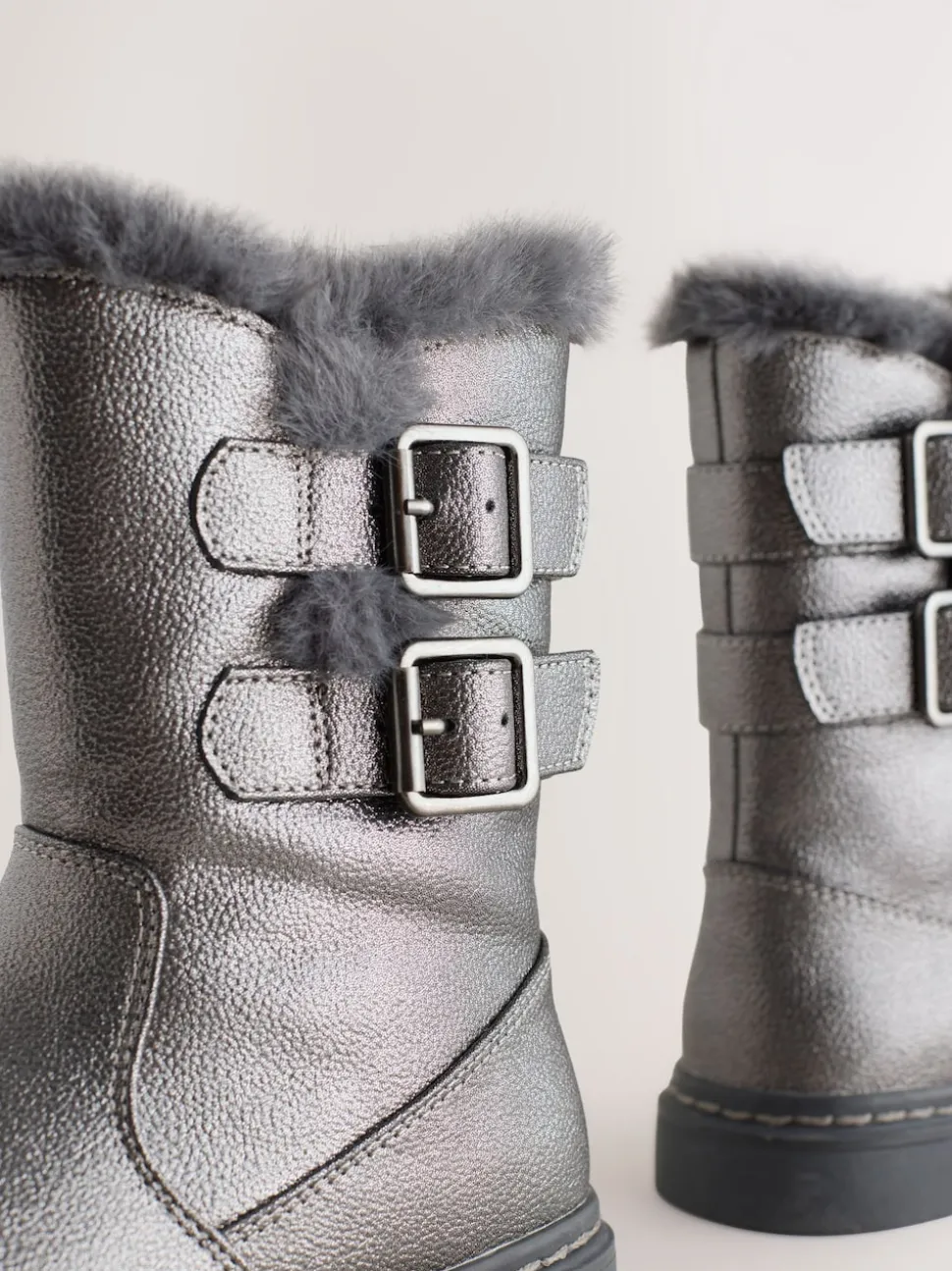 Pewter Grey Wide Fit (G) Faux Fur Lined Buckle Boots