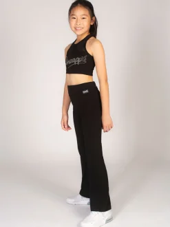 Pineapple Black Foldover Waistband Girls Jersey Flare Trousers