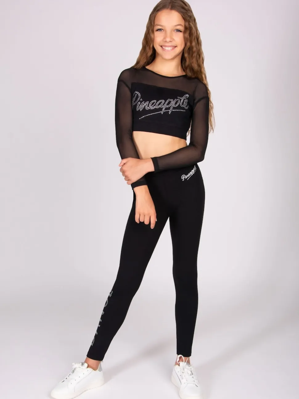 Pineapple Black Logo Mesh Panel Long Sleeve Crop Top