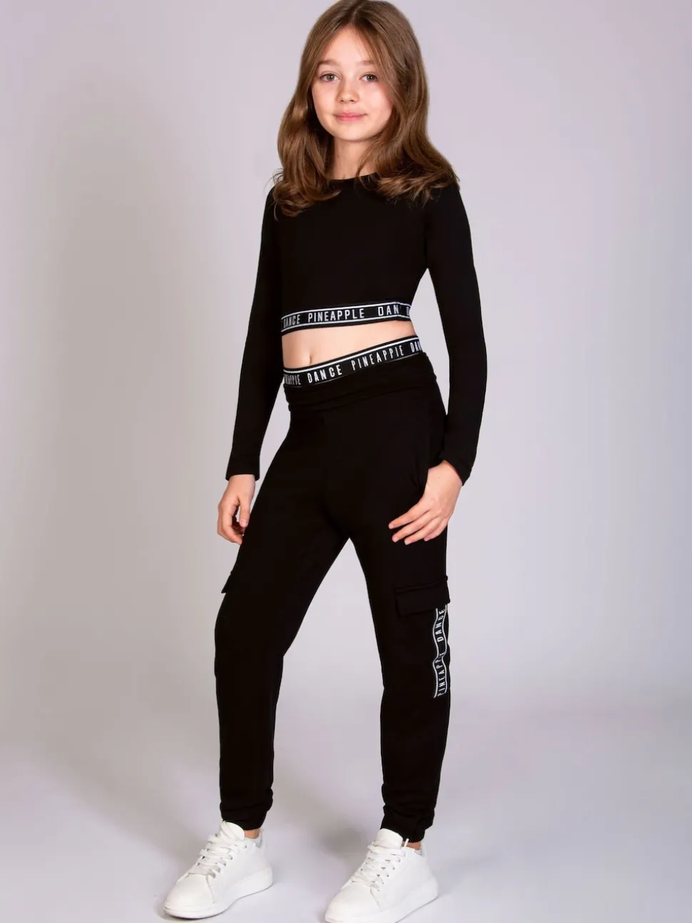 Pineapple Black/White Wide Leg Girls Cargo Joggers