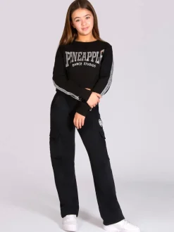 Pineapple Black Wide Leg Girls Cargo Joggers