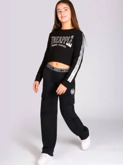 Pineapple Black Wide Leg Girls Cargo Joggers