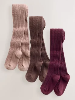 Pink Berry Red and Chocolate Brown Regular Length Cotton Rich Cable Tights 3 Pack