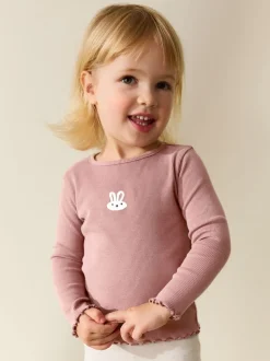Pink Bunny Long sleeve Embroidered Ribbed Top (3mths-7yrs)