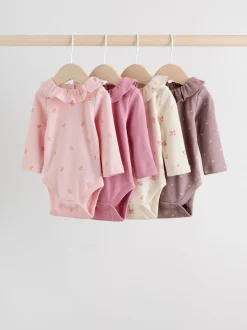 Pink/ Cream/ Brown Ditsy Baby Long Sleeve Frill Bodysuits 4 Pack (0mths-2yrs)