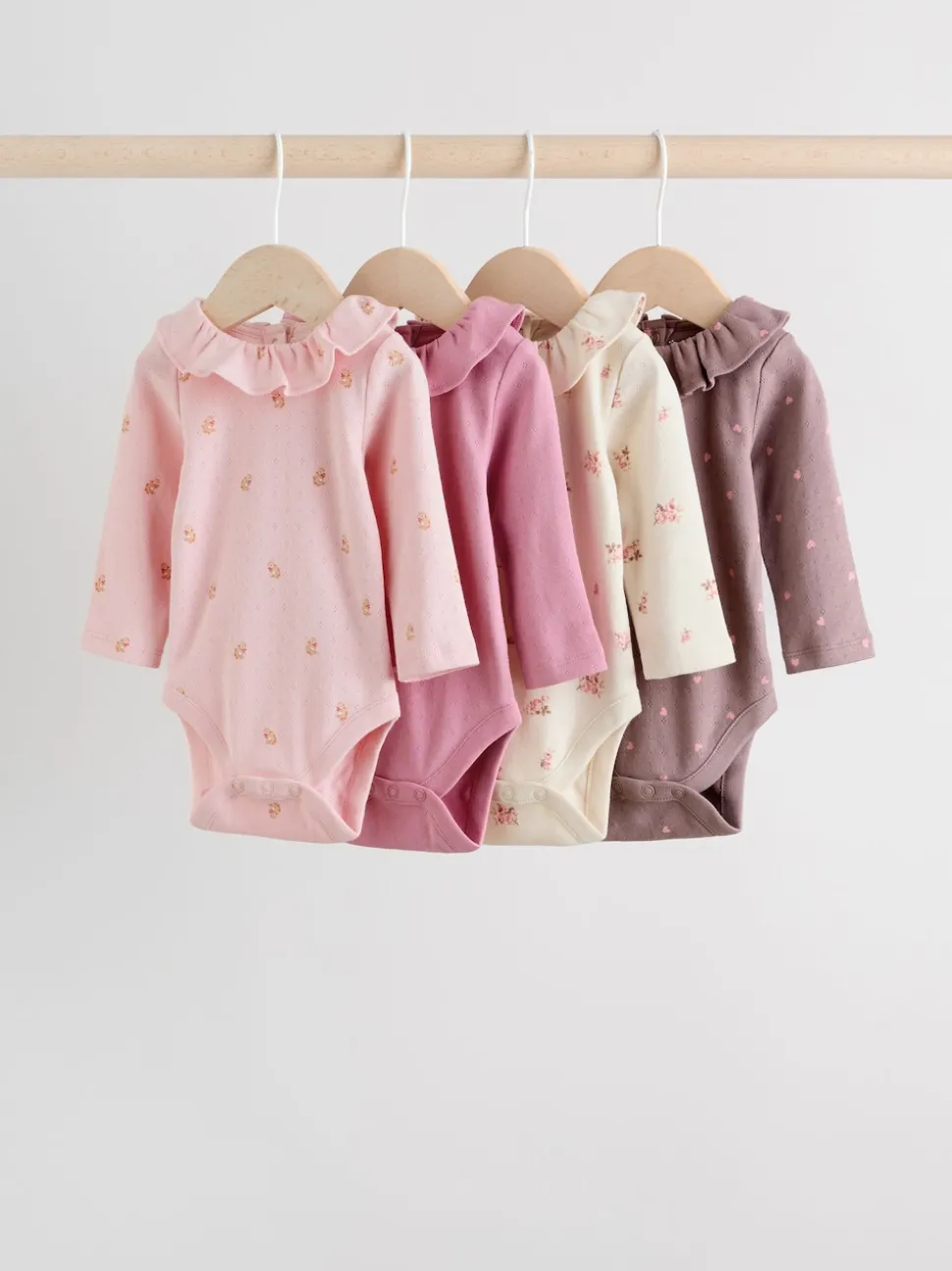 Pink/ Cream/ Brown Ditsy Baby Long Sleeve Frill Bodysuits 4 Pack (0mths-2yrs)
