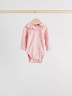 Pink/ Cream/ Brown Ditsy Baby Long Sleeve Frill Bodysuits 4 Pack (0mths-2yrs)