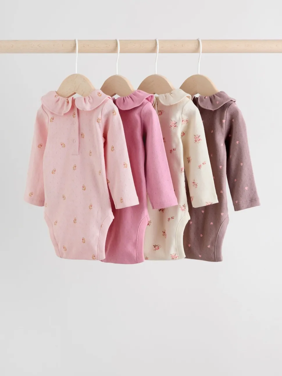 Pink/ Cream/ Brown Ditsy Baby Long Sleeve Frill Bodysuits 4 Pack (0mths-2yrs)