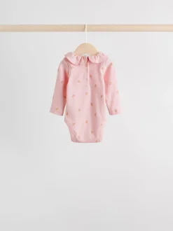 Pink/ Cream/ Brown Ditsy Baby Long Sleeve Frill Bodysuits 4 Pack (0mths-2yrs)