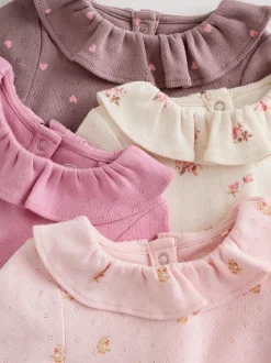 Pink/ Cream/ Brown Ditsy Baby Long Sleeve Frill Bodysuits 4 Pack (0mths-2yrs)
