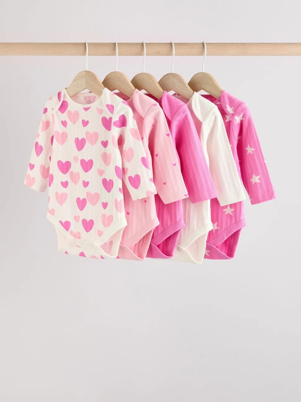 Pink Star 5 Pack Long Sleeve Baby Bodysuits