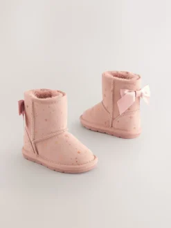 Pink Bow Water Repellent Tall Suede Pull On Boots
