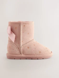 Pink Bow Water Repellent Tall Suede Pull On Boots