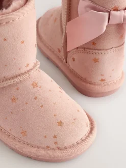 Pink Bow Water Repellent Tall Suede Pull On Boots